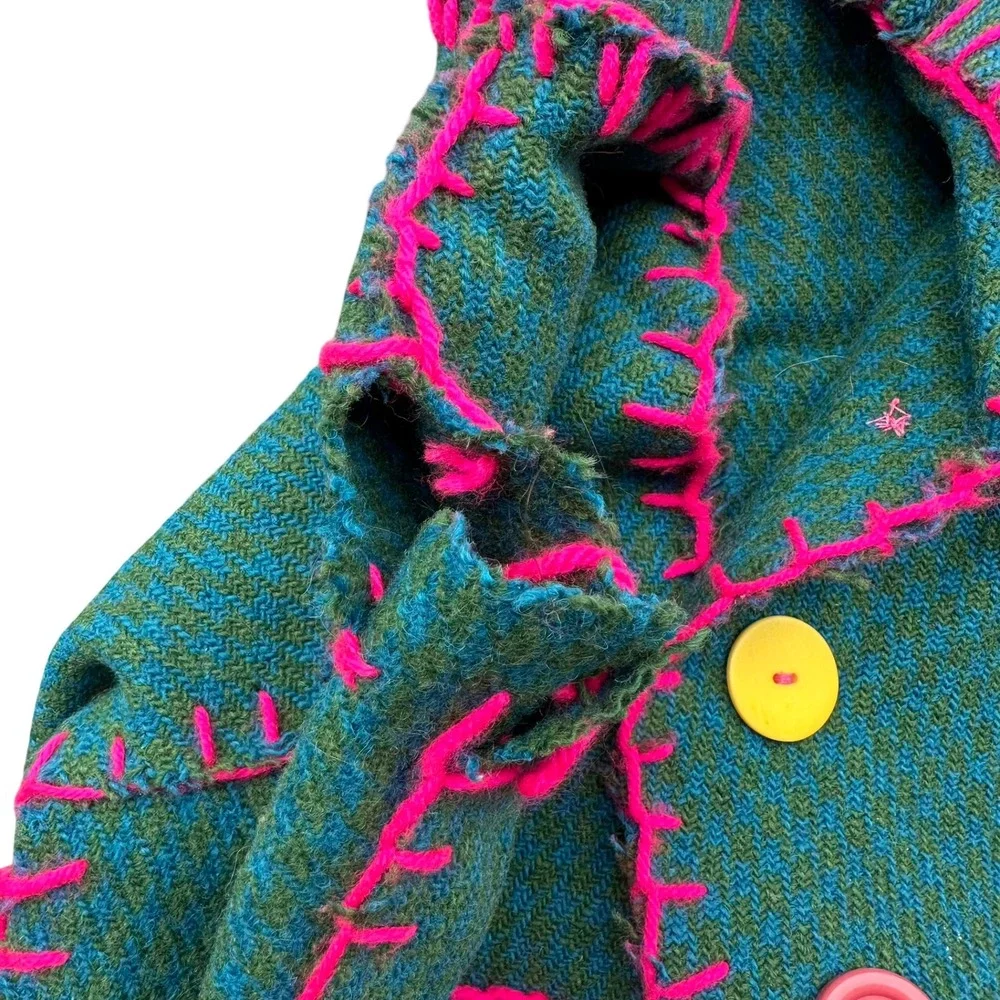 Harris Tweed Trench Coat Size 5 Green Pink Thrift Flip Virgin Wool Front Button